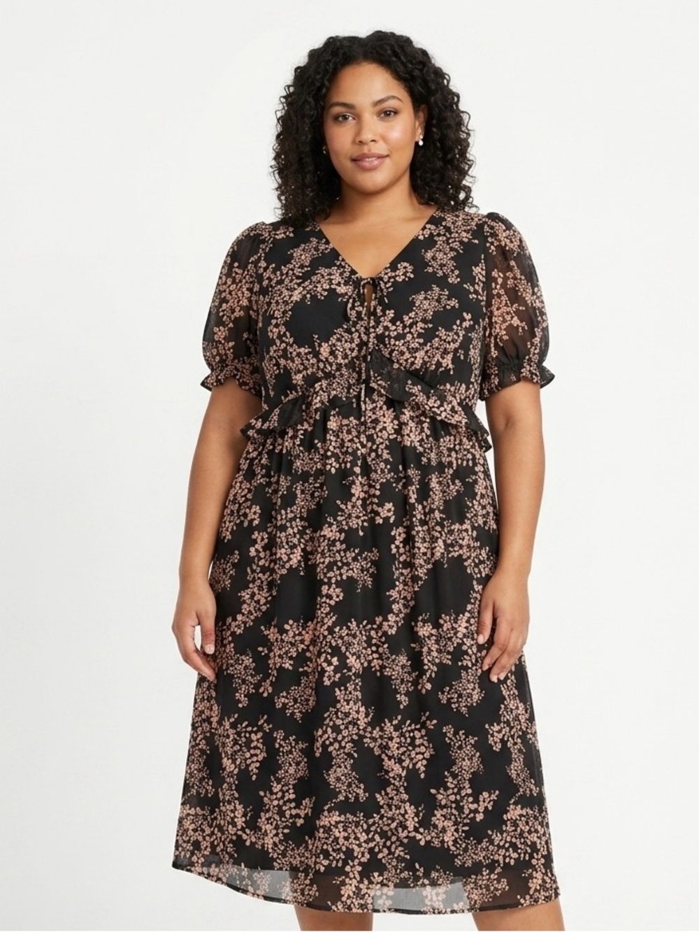 LC Lauren Conrad Black Midi Dress with Blush Floral Print